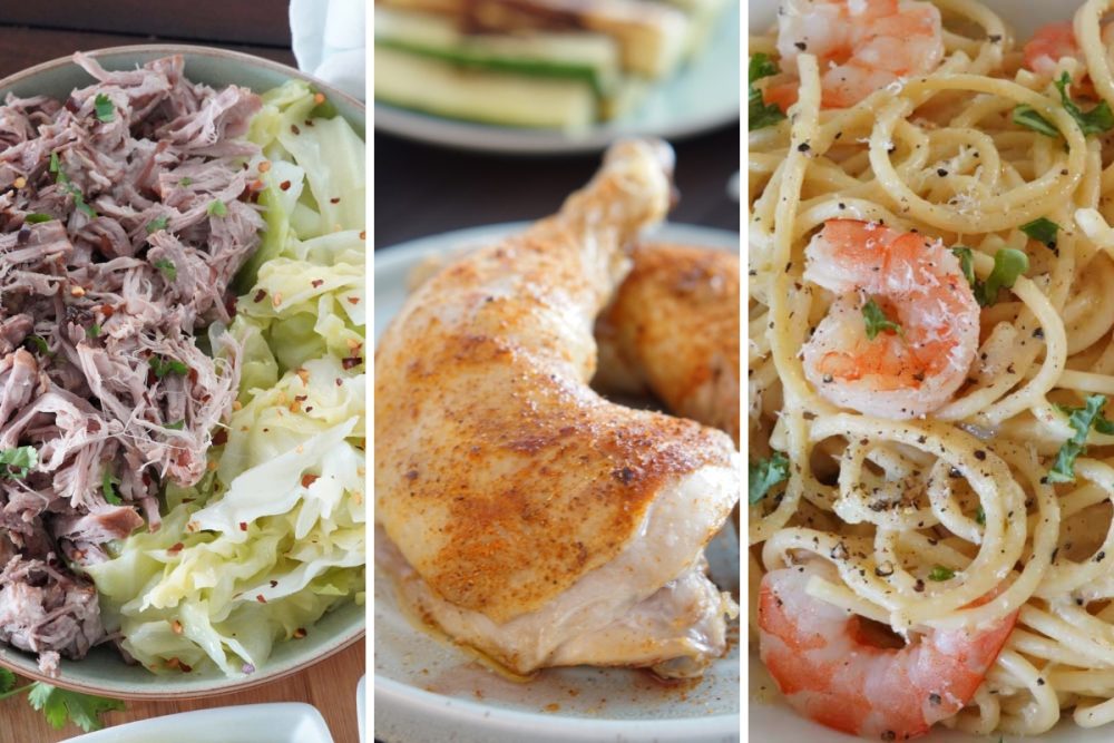 Kalua pork, chicken leg quarters, and shrimp pasta