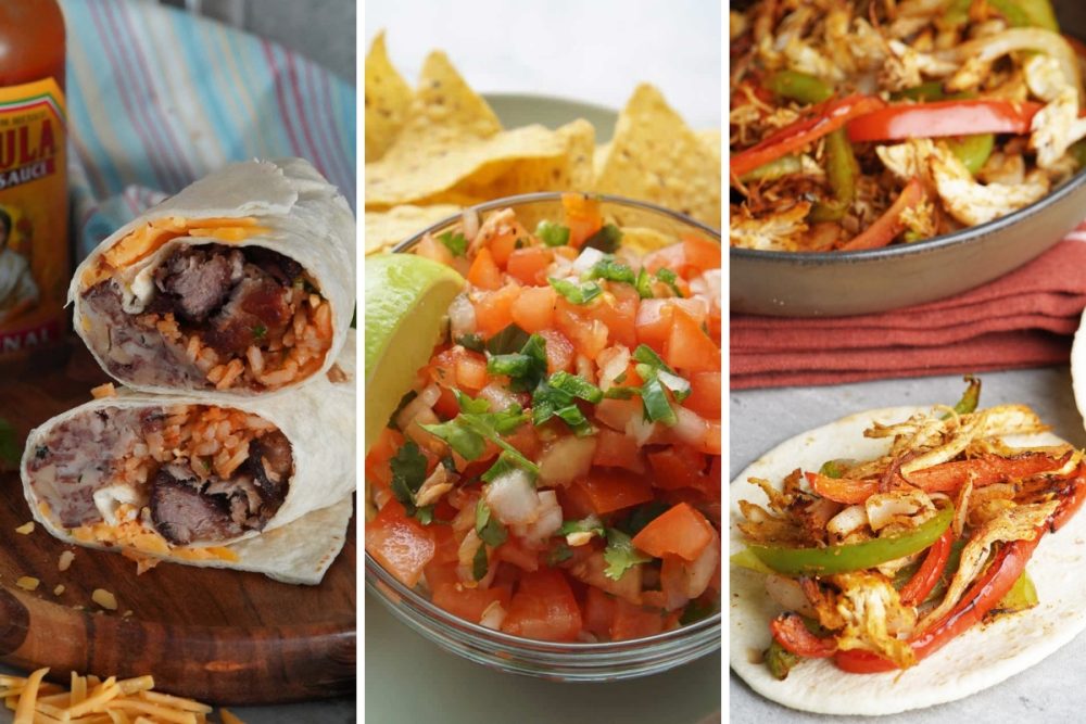 carnitas burrito, pico de gallo, and fajitas