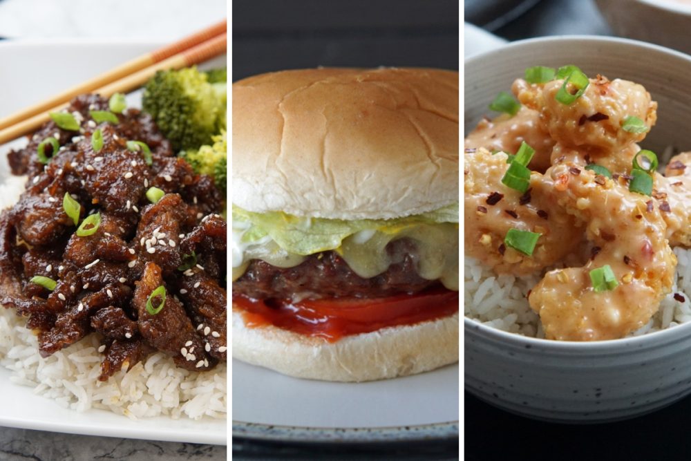 Mongolian beef, hamburgers, and bang bang shrimp
