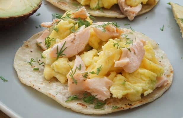 salmon and egg breakfast tacos