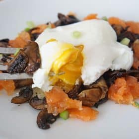 mushroom, salmon and poached eggs