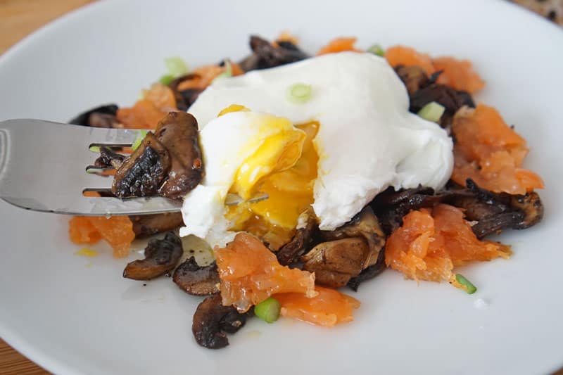 mushroom, salmon and poached eggs