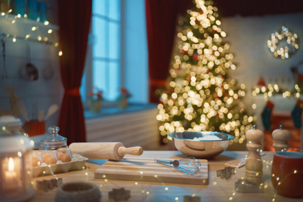 kitchen scene with christmas tree