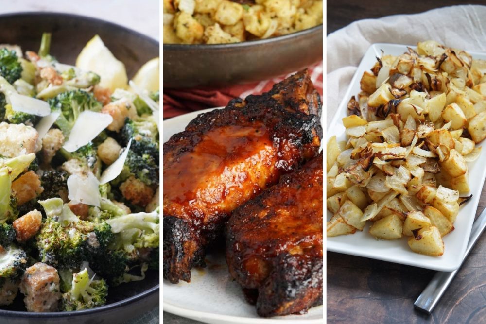 air fryer broccoli caesar salad, country style ribs and potatoes and onions.