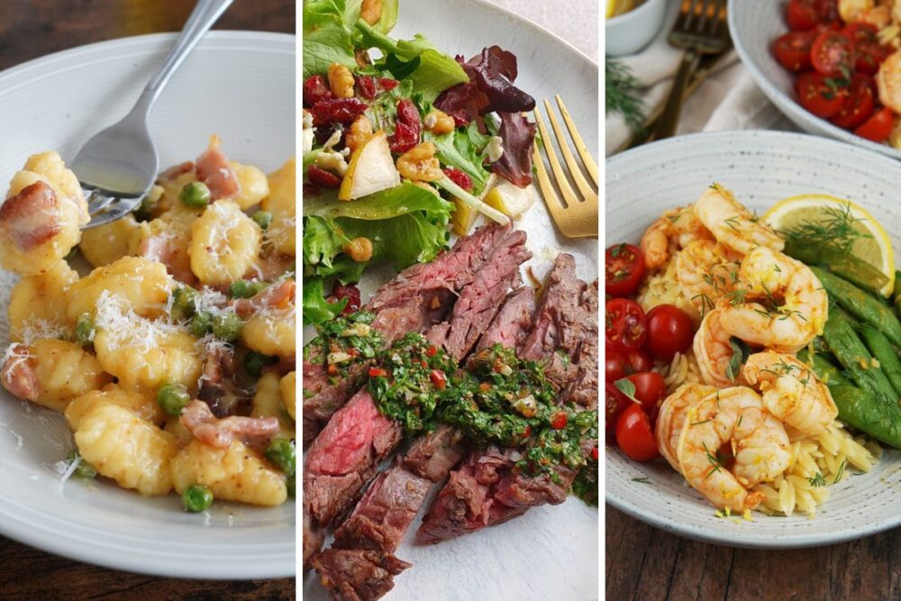 Gnocchi carbonara, skirt steak with chimichurri, and lemon shrimp bowls