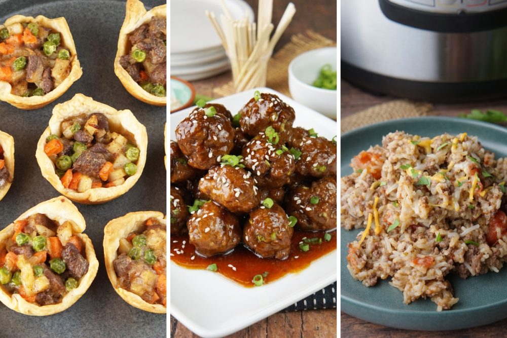 Mini beef pies, mongolian beef meatballs, and cheesy hamburger and rice