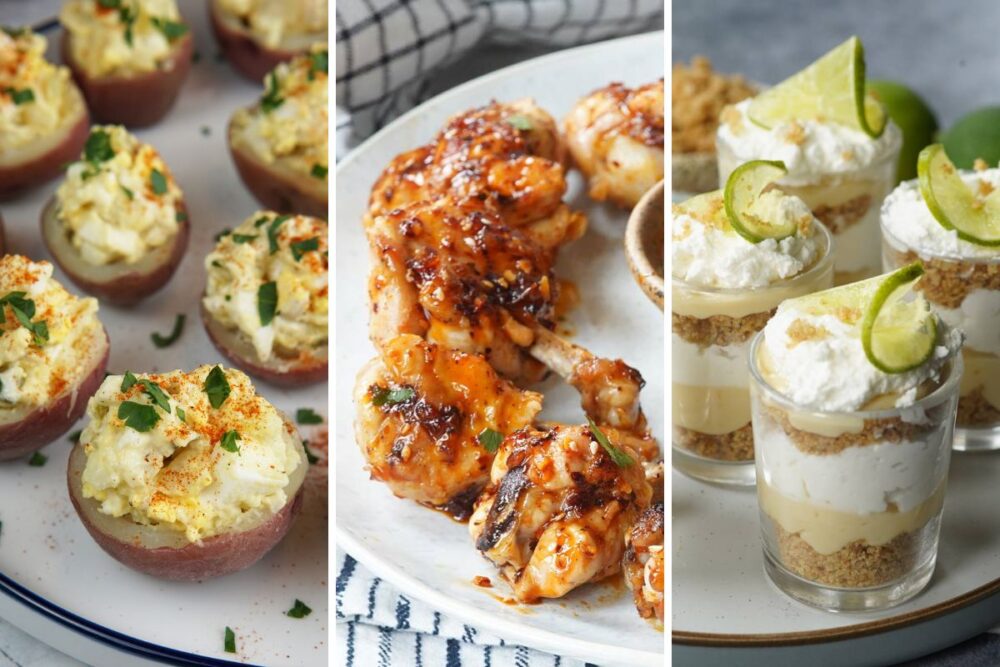Potato salad bites, firecracker chicken lollipops, and key lime pie parfaits