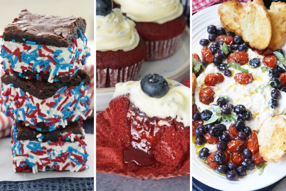 festive brownie ice cream sandwiches, raspberry filled cupcakes, and red, white and pickled blueberry burrata