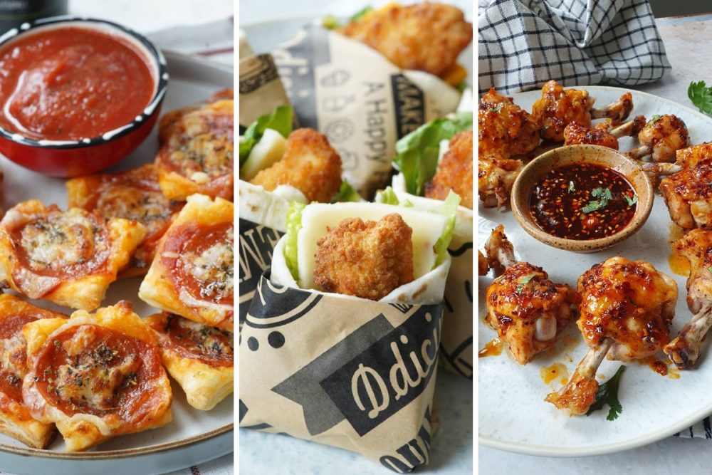 pizza squares, chicken wraps, and firecracker lollipops