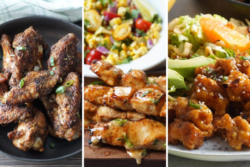 Jerk chicken wings, bang bang chicken skewers and sesame chicken.