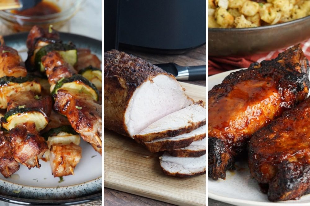 Pork belly skewers, pork roast, and country ribs