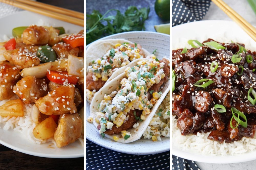 sweet and sour chicken, street corn chicken tacos, Mongolian beef