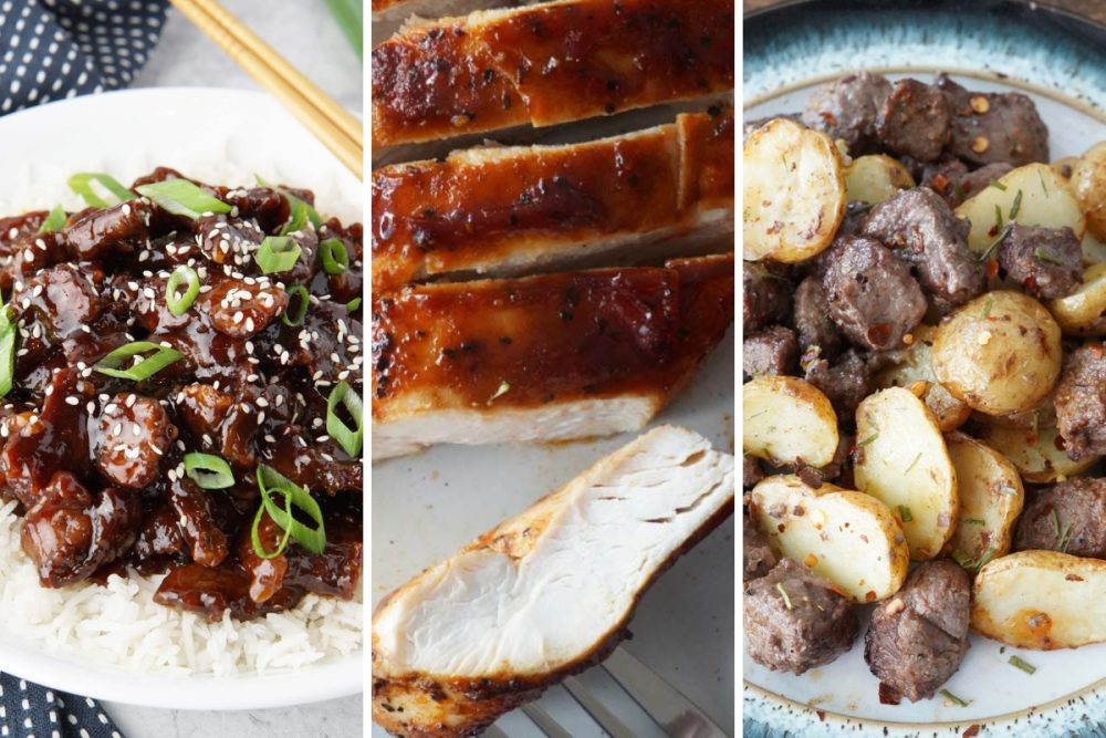mongolian beef, bbq chicken, and steak bites and potatoes