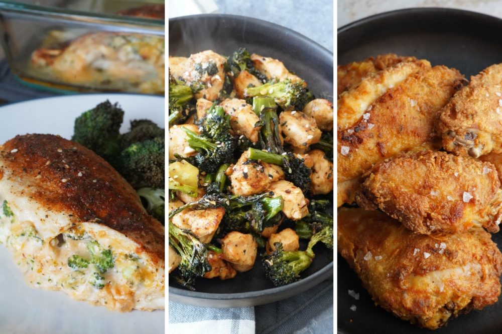 fried chicken, chicken and broccoli, and stuffed pork chop