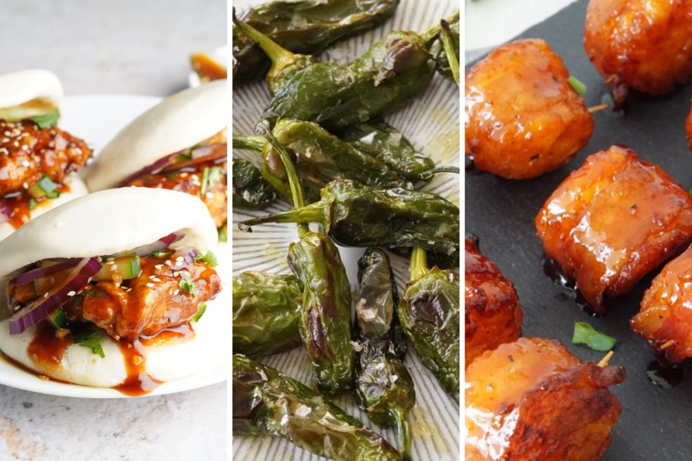 Bao buns, shishito peppers, and bacon wrapped tater tots