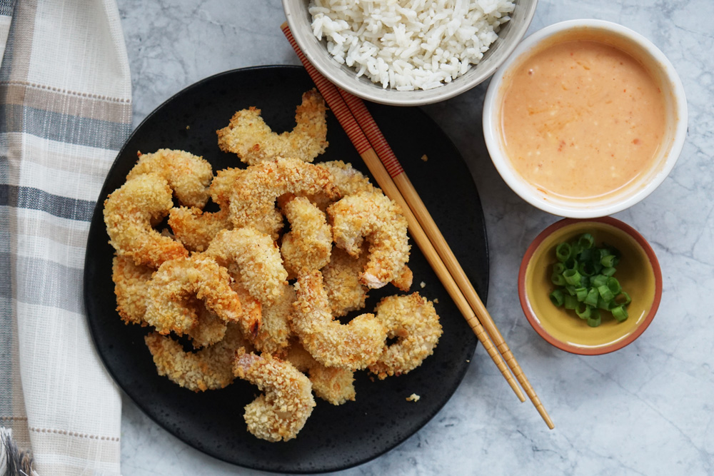 crispy shrimp with bang bang sauce on the side