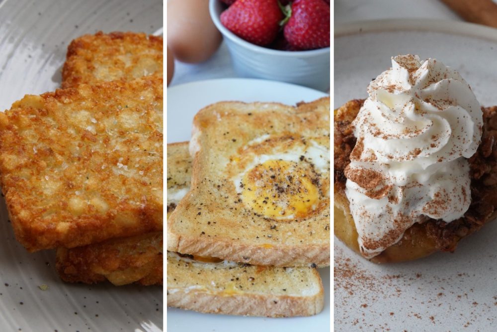 hash brown patties, eggs in a hole, and baked apples