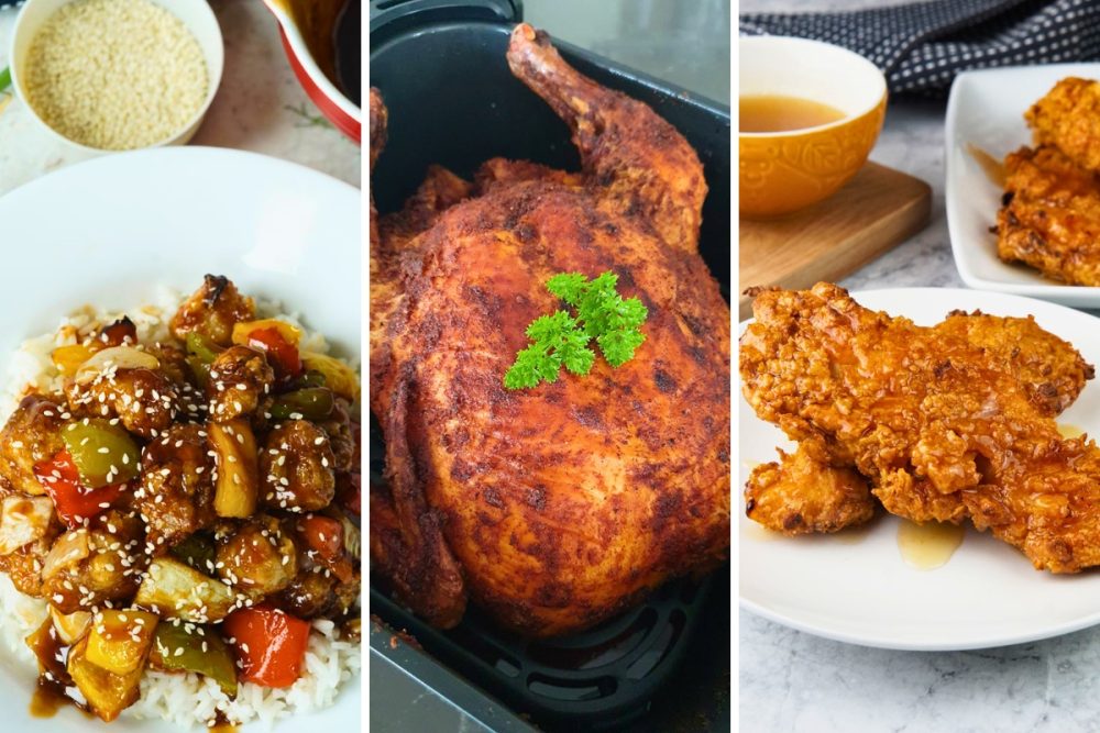 Air Fryer sweet and sour chicken, whole costco copycat chicken, and hot honey chicken tenders