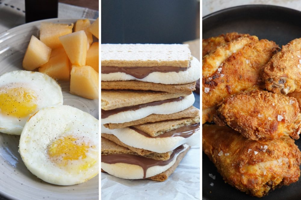 air fryer fried eggs, smores, and fried chicken