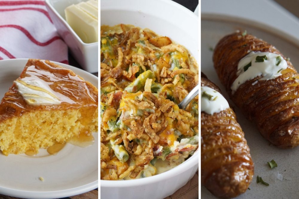 corn bread, green bean casserole, and hasselback potatoes