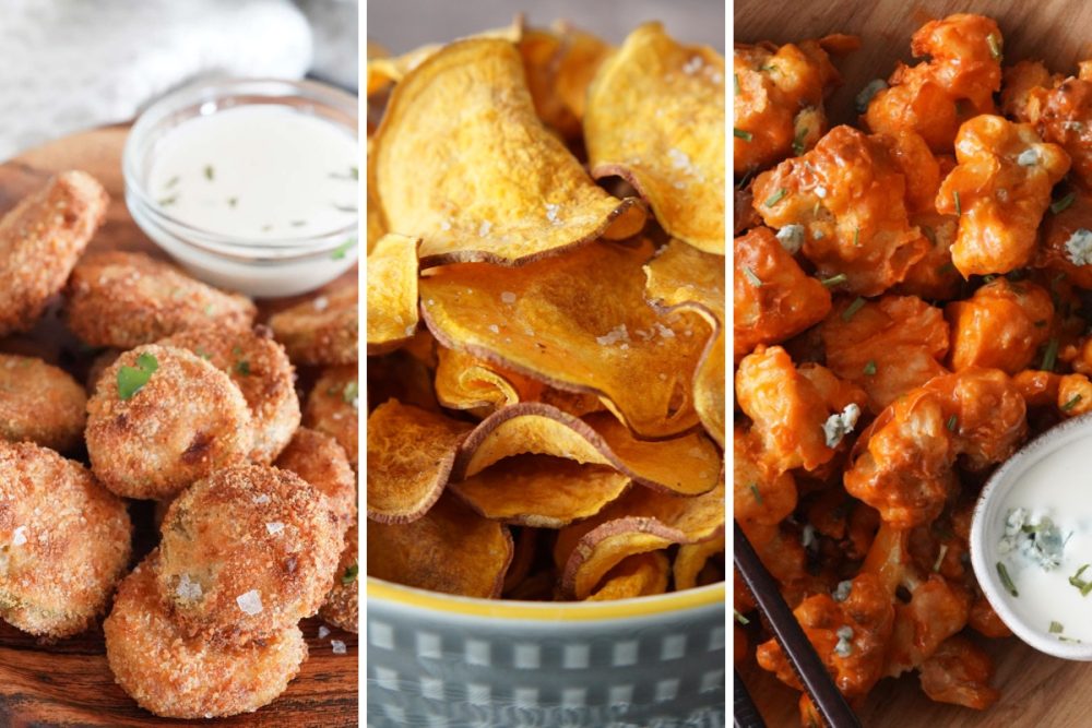 fried pickles, air fryer sweet potato fries, and buffalo cauliflower