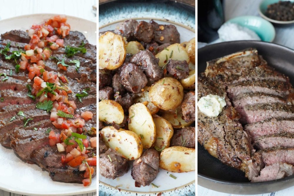 air fryer skirt steak, steak and potatoes, and t bone steak