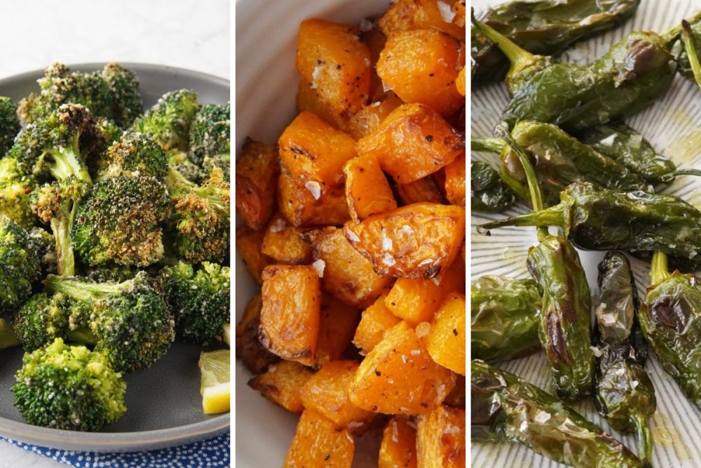 Air fryer ranch broccoli, cubed sweet potatoes, and shishito peppers