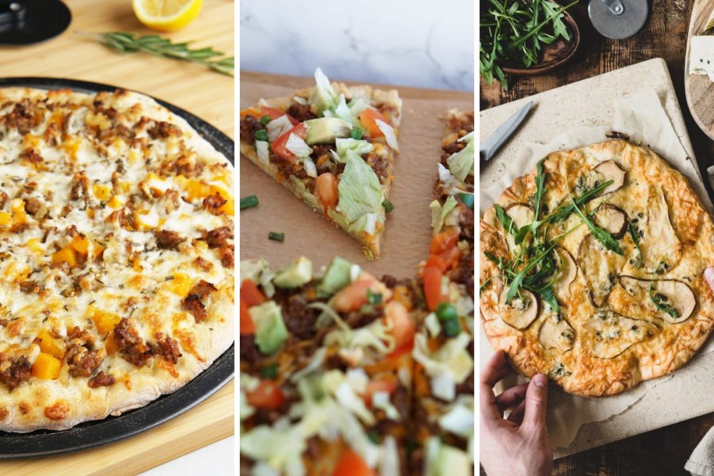 Butternut squash and sausage pizza, taco pizza, and pear, blue cheese pizza