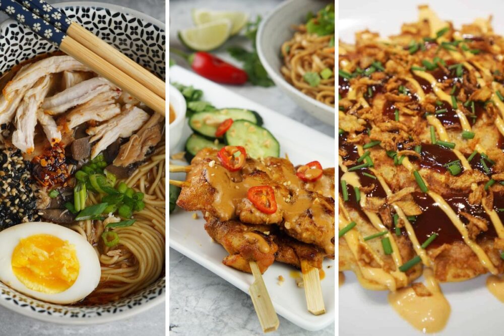 Ramen, chicken satay, and okonomiyaki