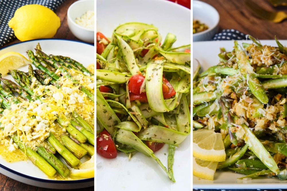 lemon and feta, shaved, and shaved parmesan asparagus salads