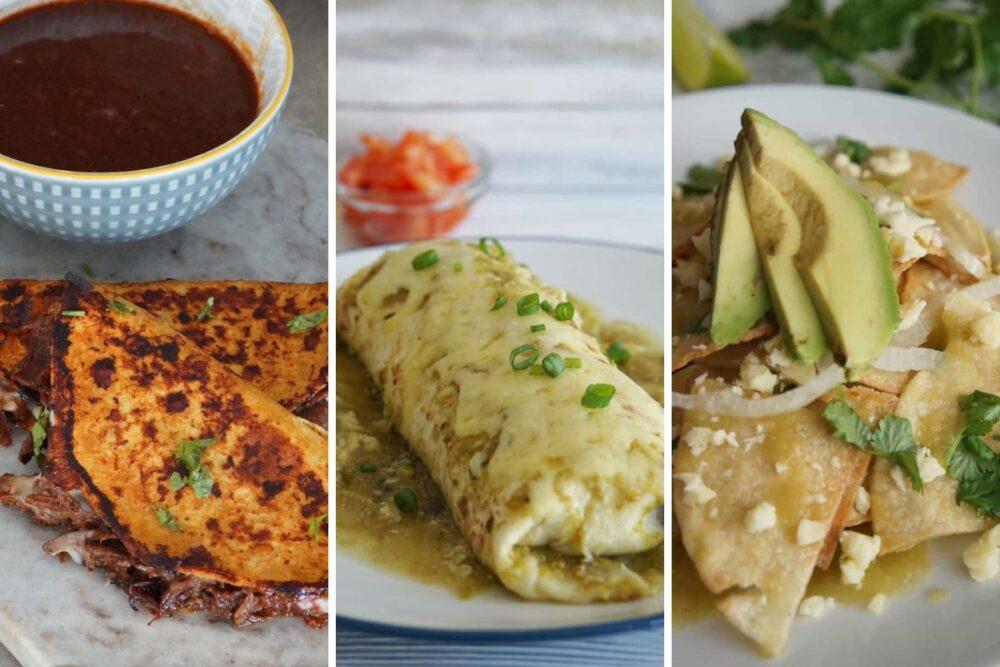 birria tacos, verde wet burrito, and chilaquiles