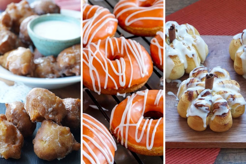 apple fritter bites, pumpkin glazed donuts, and pumpkin shaped cinnamon rolls