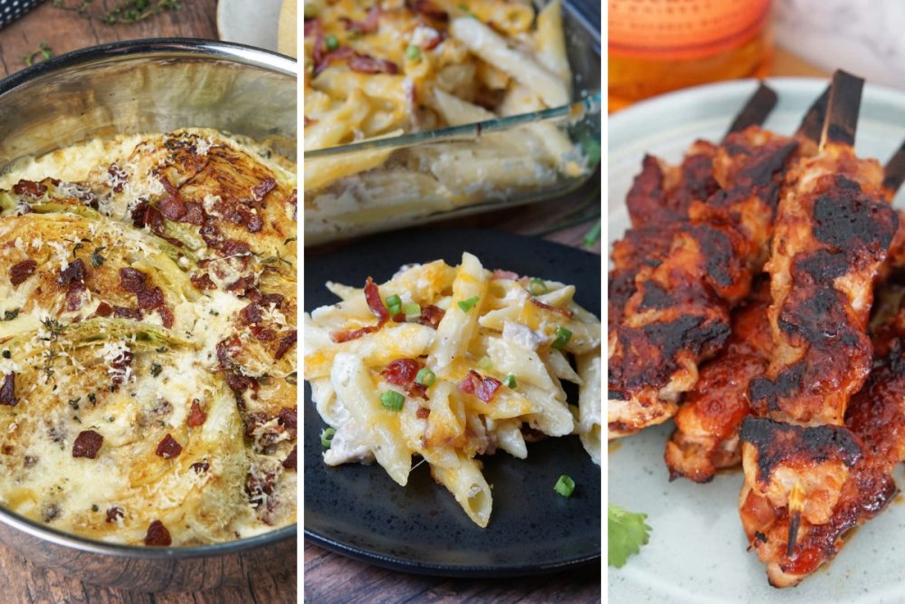cabbage gratin, chicken bacon ranch pasta, and bourbon bacon chicken skewers