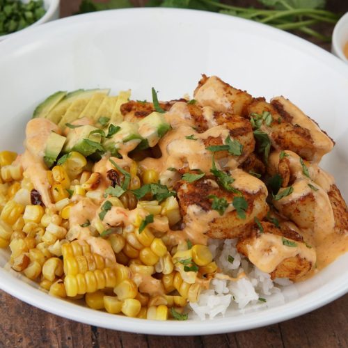 Bang bang shrimp, corn, and avocado bowl