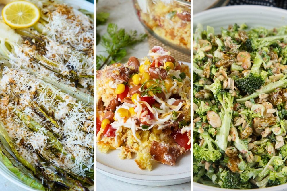 grilled romaine caesar, cornbread salad, and broccoli salad