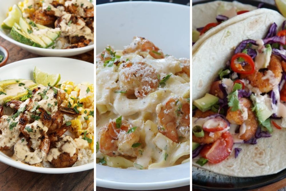 Cajun shrimp bowl, shrimp fettuccine, and shrimp tacos