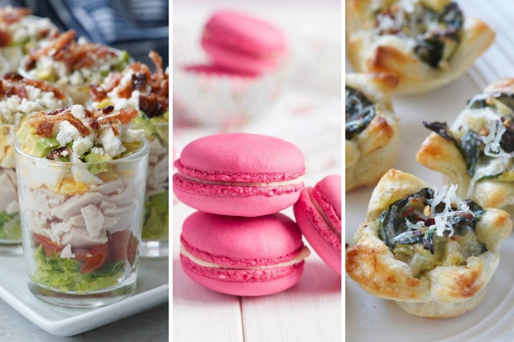cobb salad cups, pink raspberry macarons, and spinach artichoke bites