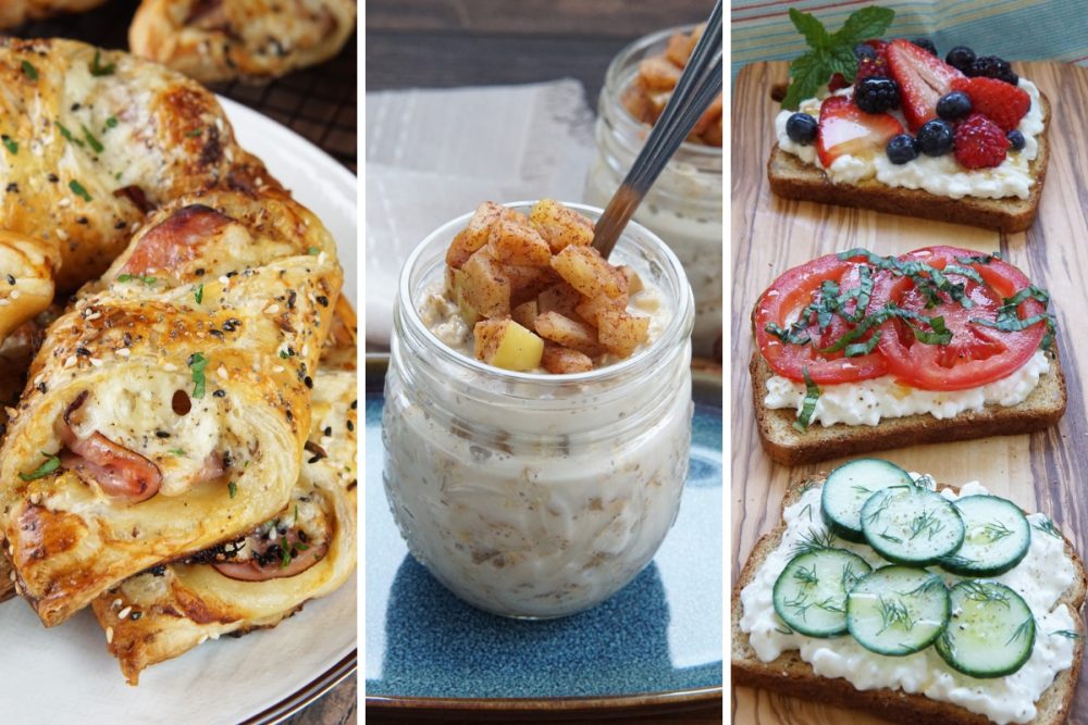 ham and cheese bundles, apple pie overnight oats, and cottage cheese toast