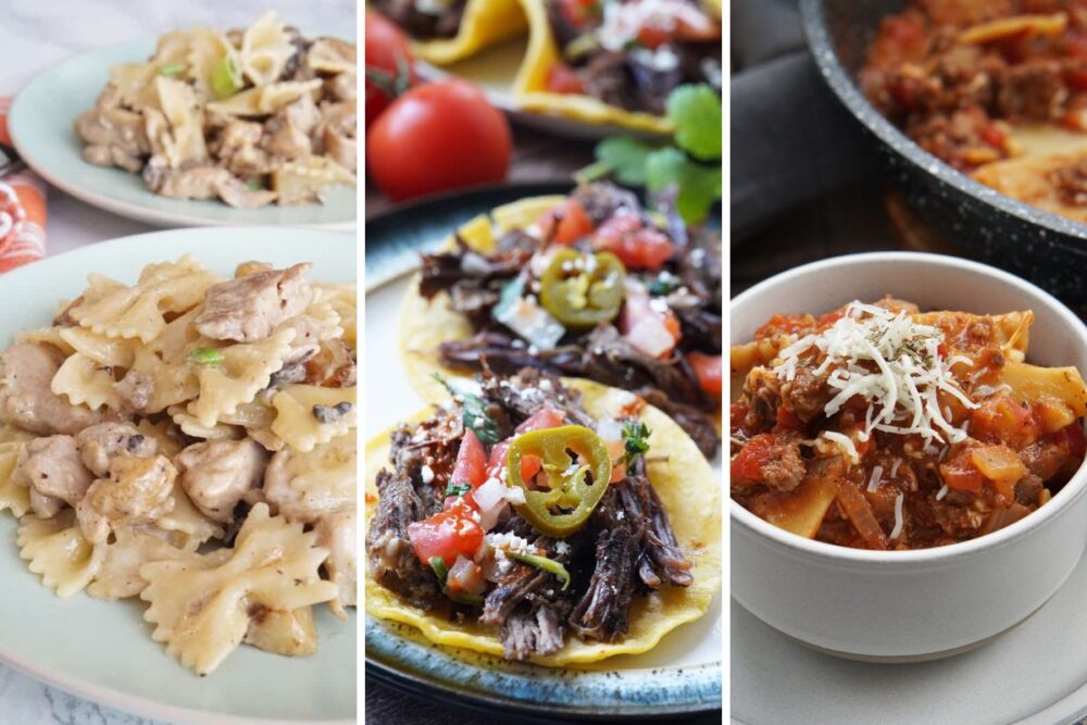 potato pasta, shredded beef tacos, and skillet lasagna