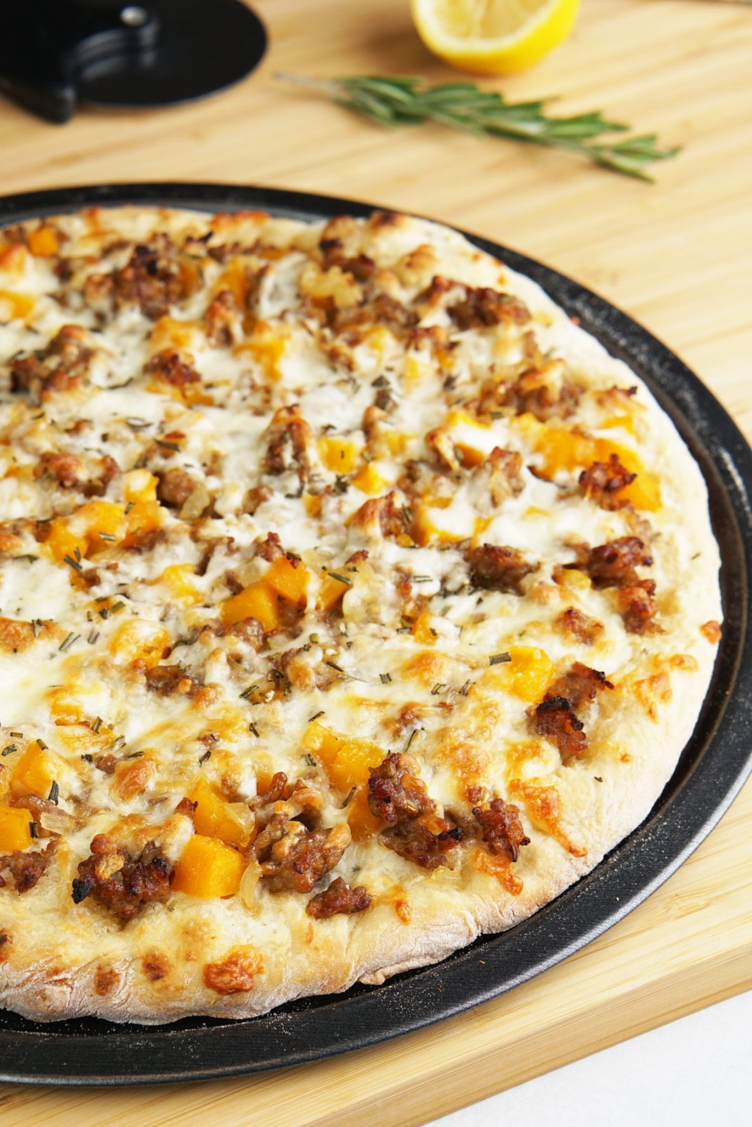 Butternut squash and sausage pizza