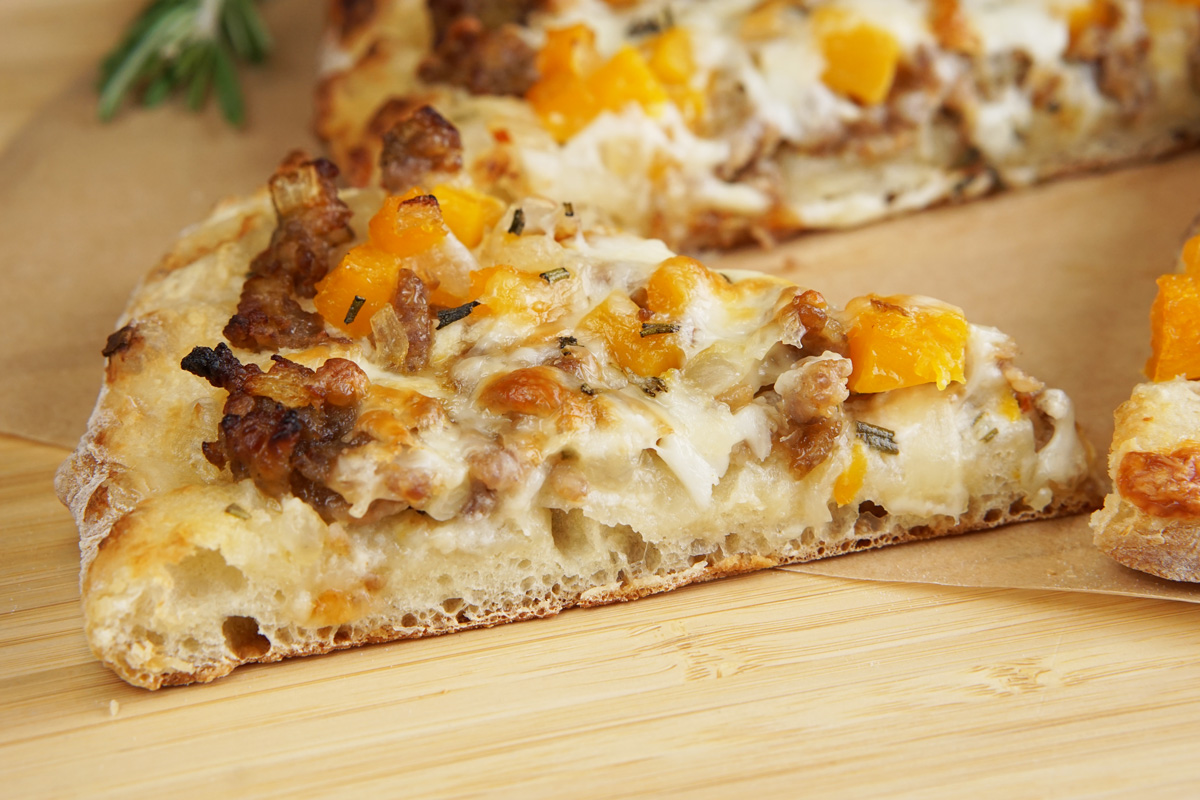 Butternut squash and sausage pizza