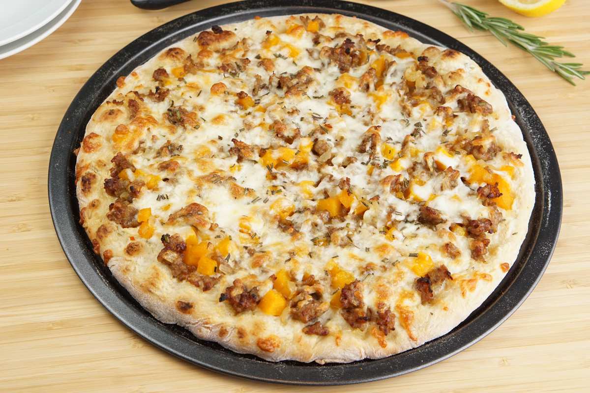 Butternut squash and sausage pizza