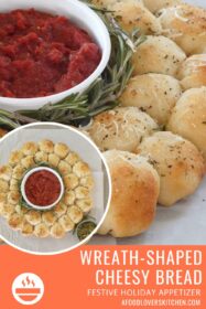 wreath-shaped cheesy bread with dipping sauce