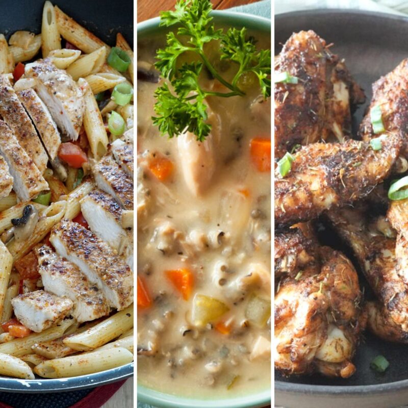 Cajun chicken pasta, chicken and rice soup, and jerk chicken wings