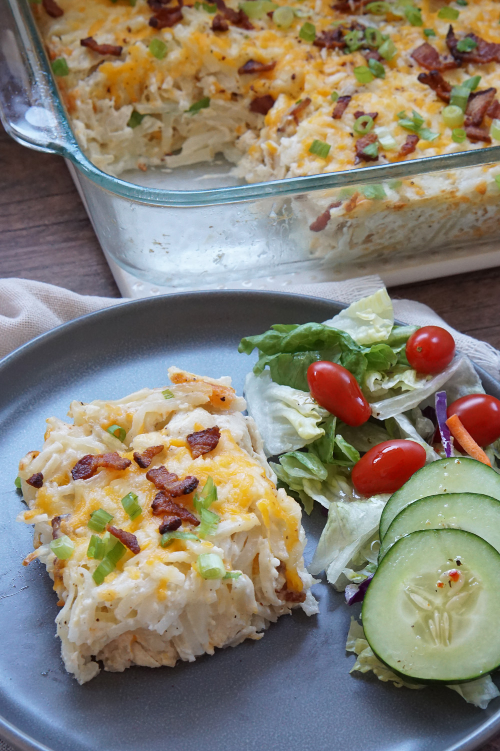 A slice of chicken hashbrown casserole