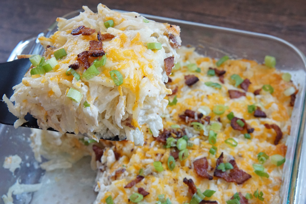 A slice of chicken hashbrown casserole