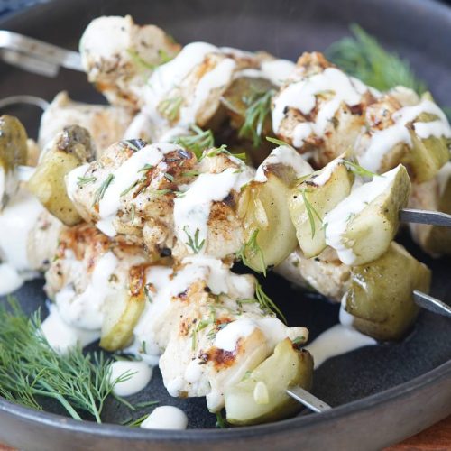 chicken & pickle skewers