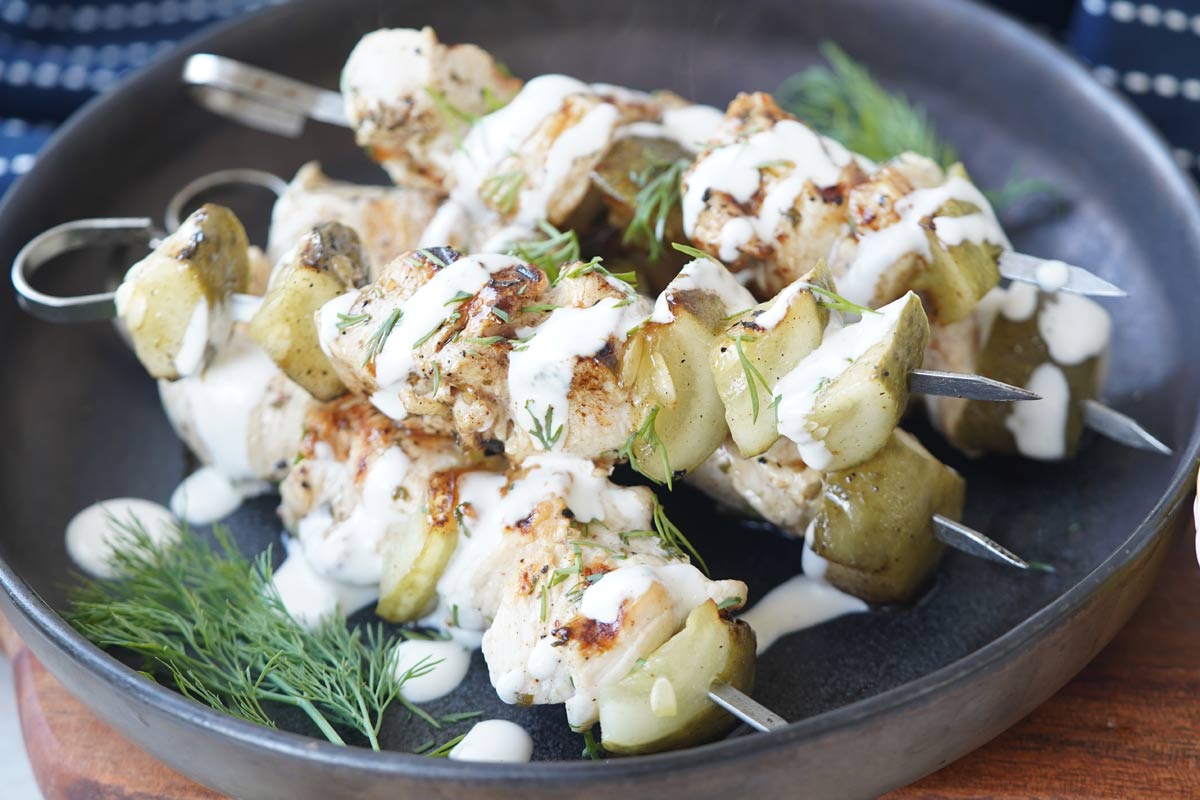 chicken & pickle skewers