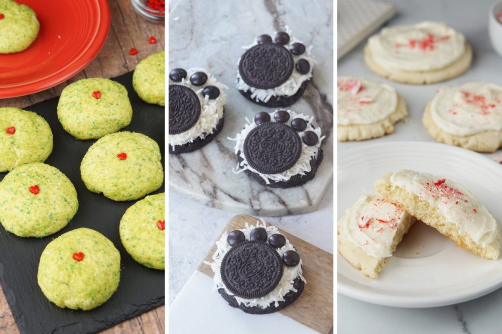 Grinch cookies, polar bear paw cookies, and peppermint meltaways
