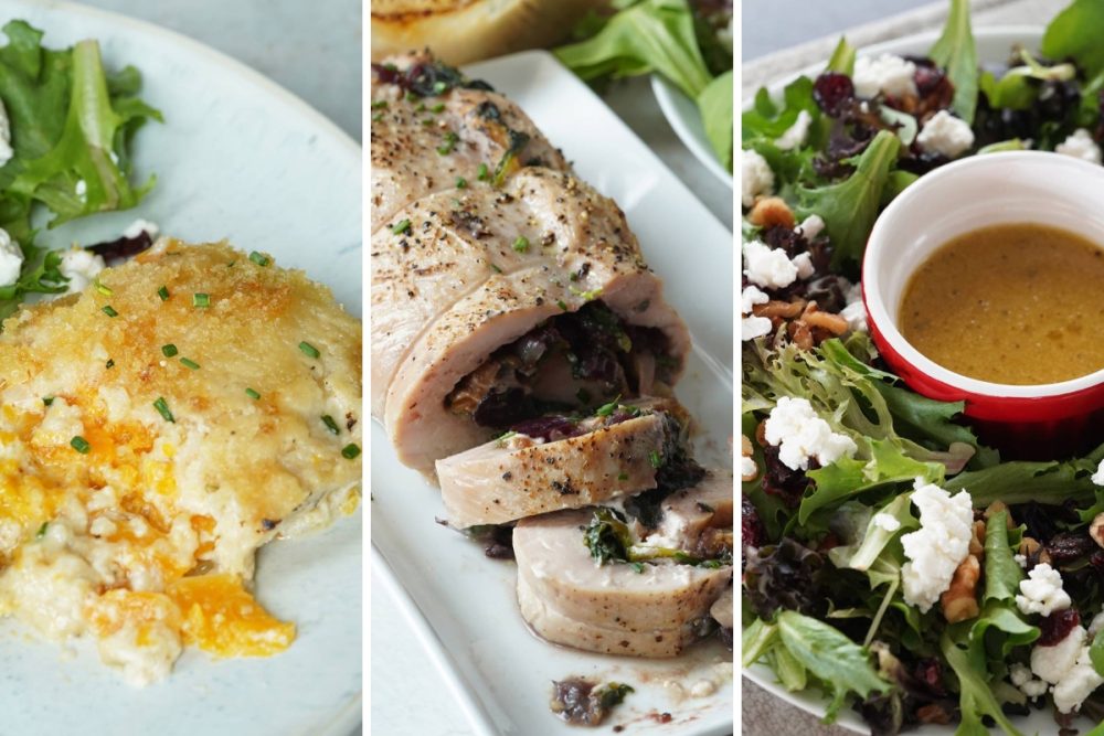 Butternut squash gratin, holiday wreath salad, and stuffed pork tenderloin